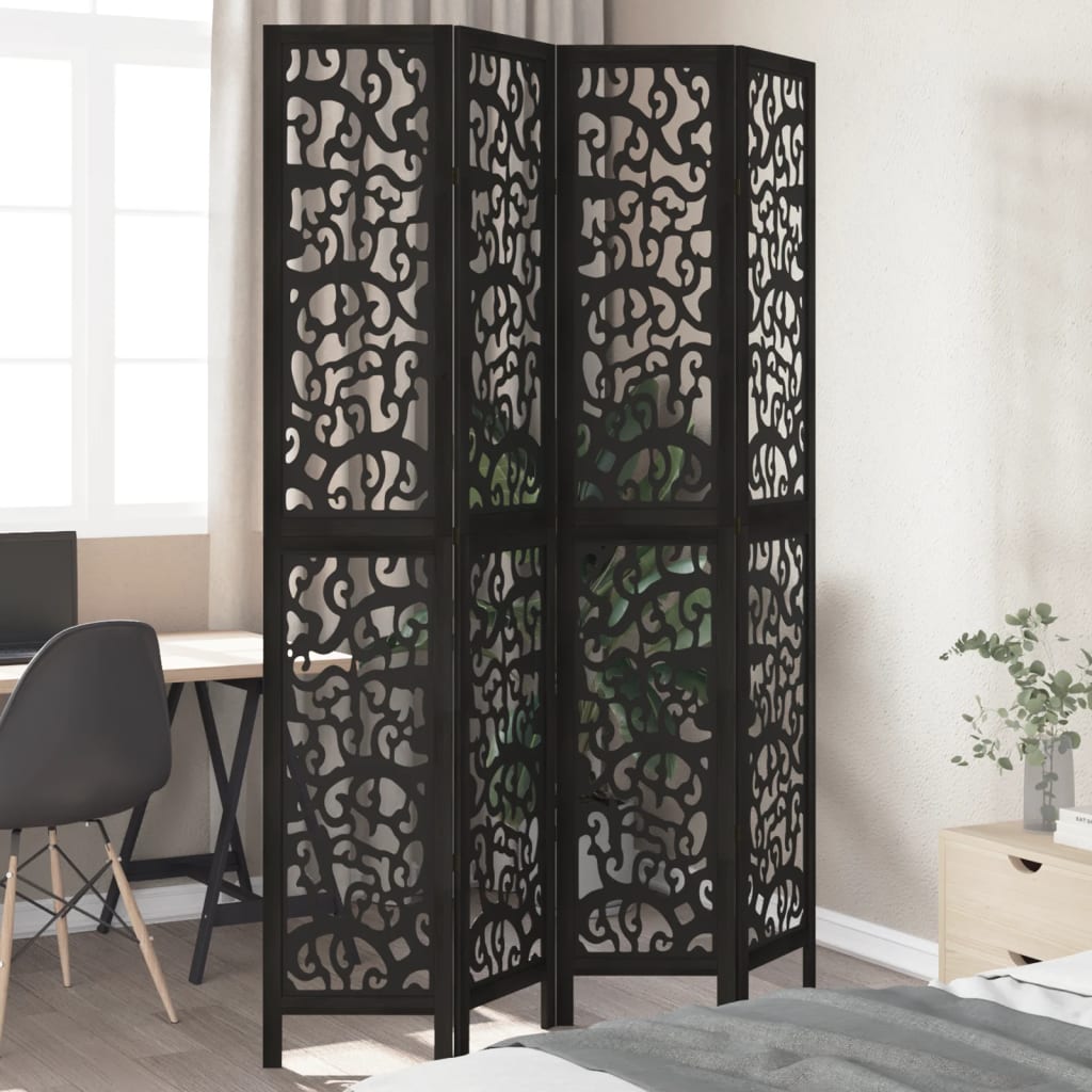 Room Divider 4 Panels Black Solid Wood Paulownia