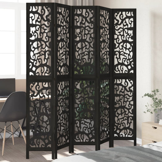 Room Divider 5 Panels Black Solid Wood Paulownia