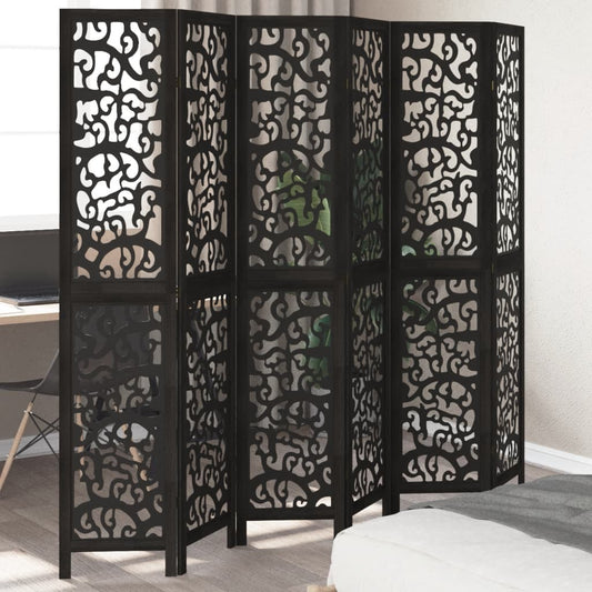 Room Divider 6 Panels Black Solid Wood Paulownia