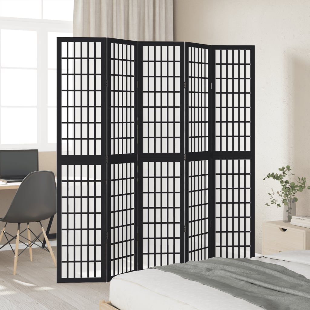 Room Divider 5 Panels Black Solid Wood Paulownia