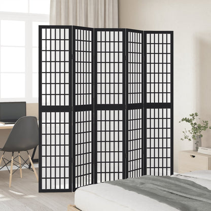 Room Divider 5 Panels Black Solid Wood Paulownia