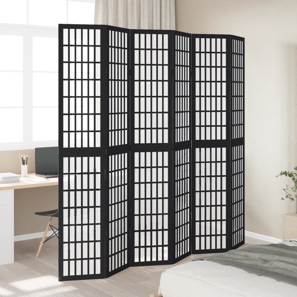 Room Divider 6 Panels Black Solid Wood Paulownia