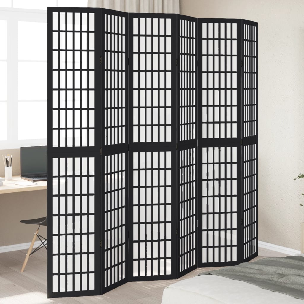 Room Divider 6 Panels Black Solid Wood Paulownia