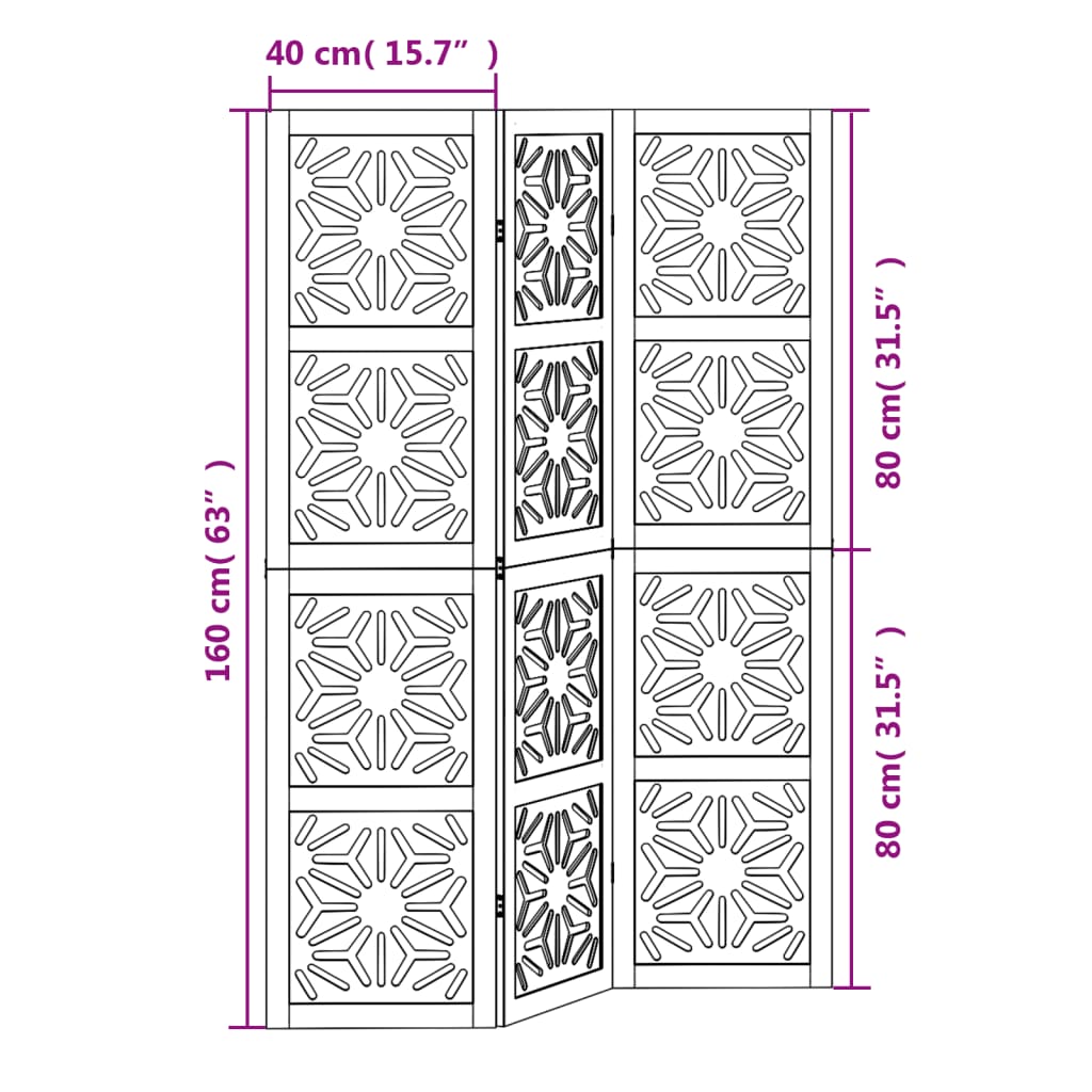 Room Divider 3 Panels Brown and Black Solid Wood Paulownia