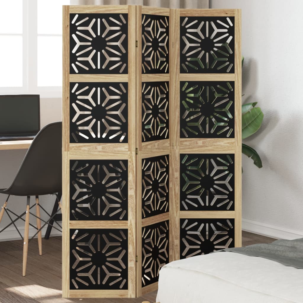 Room Divider 3 Panels Brown and Black Solid Wood Paulownia