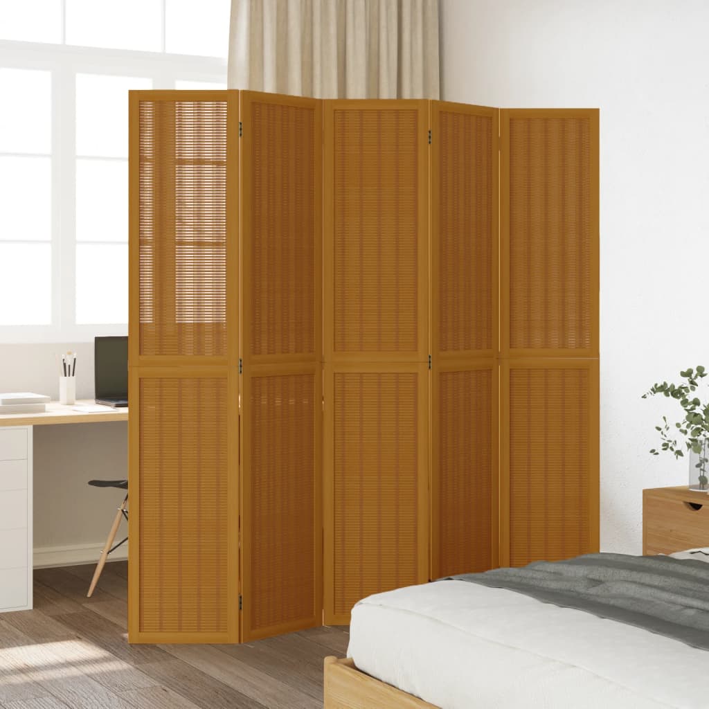 Room Divider 5 Panels Brown Solid Wood Paulownia