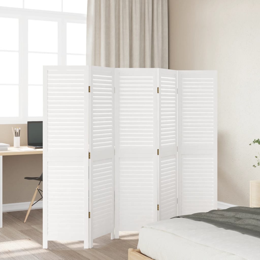 Room Divider 5 Panels White Solid Wood Paulownia