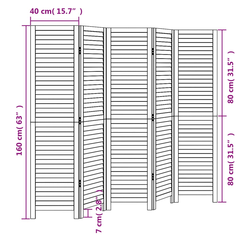 Room Divider 5 Panels White Solid Wood Paulownia