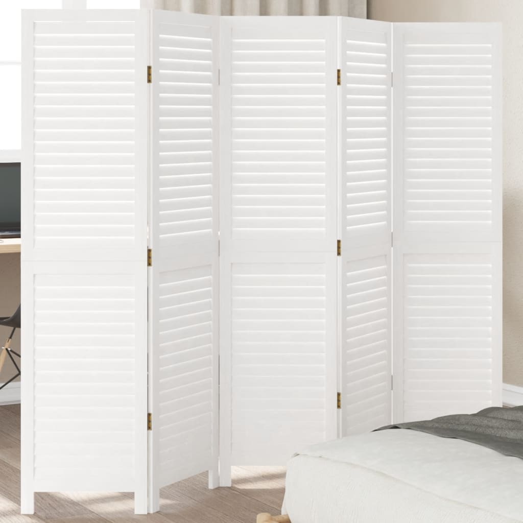 Room Divider 5 Panels White Solid Wood Paulownia