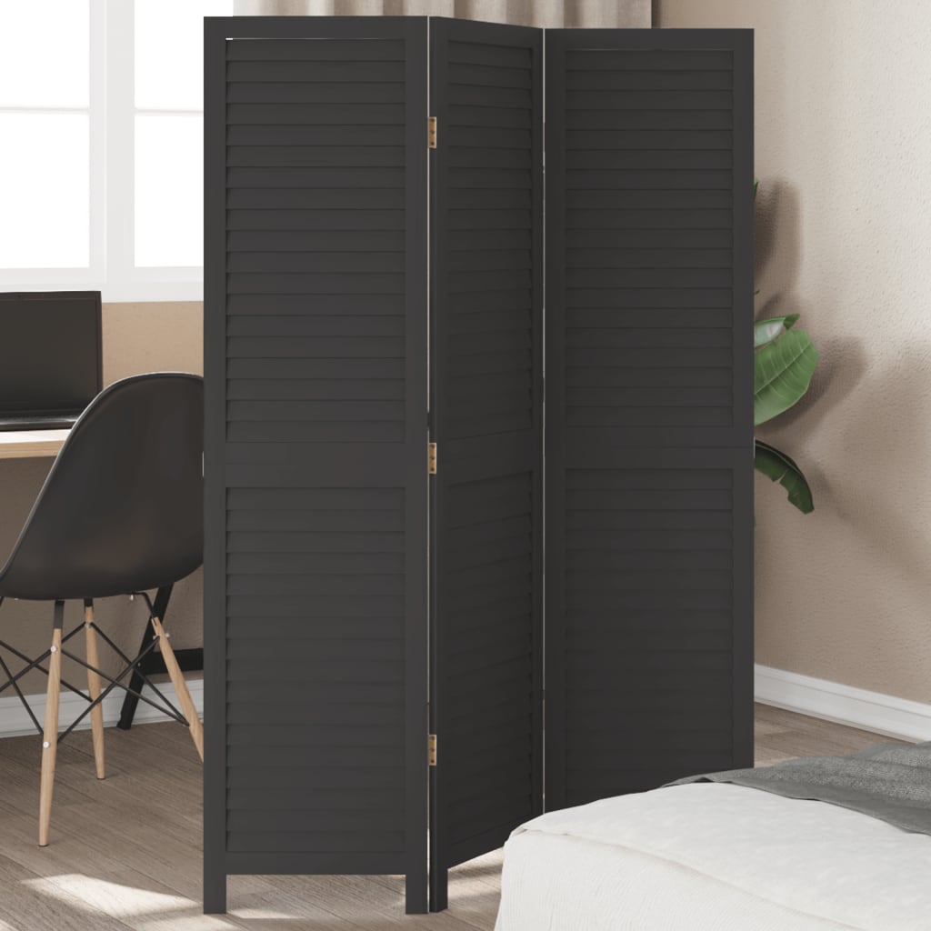 Room Divider 3 Panels Black Solid Wood Paulownia