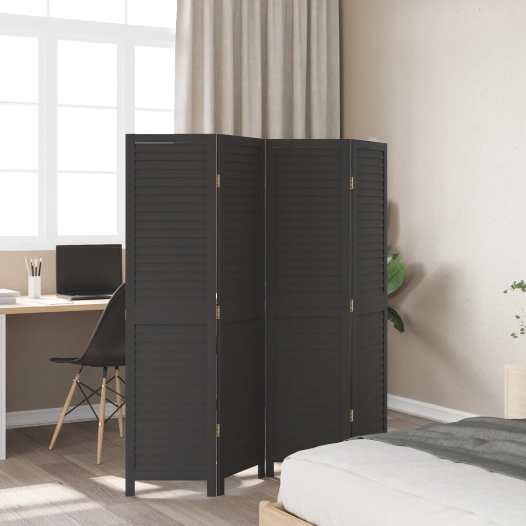 Room Divider 4 Panels Black Solid Wood Paulownia