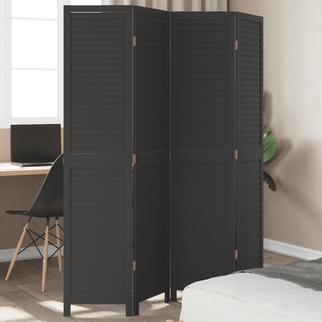 Room Divider 4 Panels Black Solid Wood Paulownia