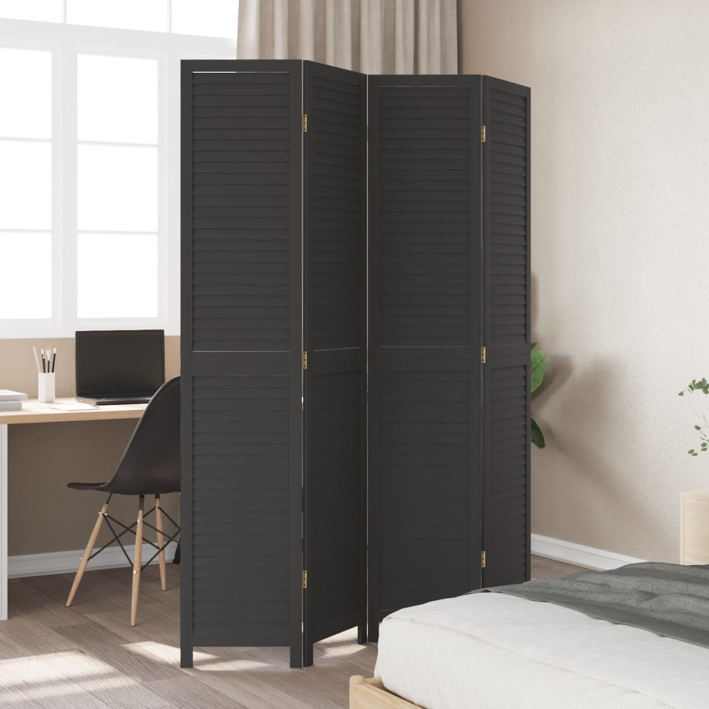 Room Divider 4 Panels Black Solid Wood Paulownia