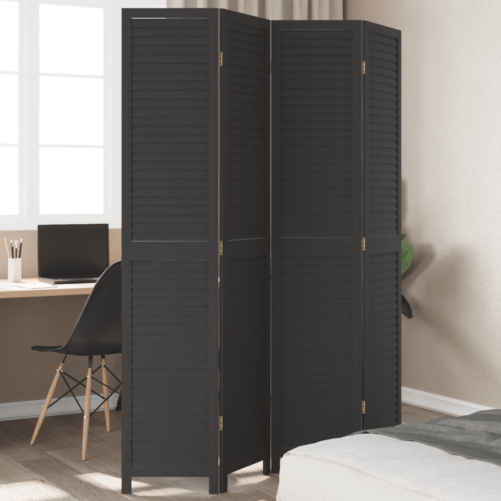 Room Divider 4 Panels Black Solid Wood Paulownia