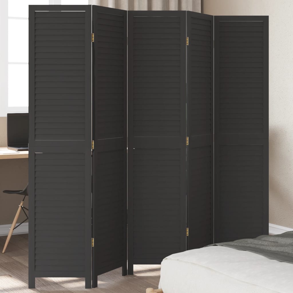 Room Divider 5 Panels Black Solid Wood Paulownia