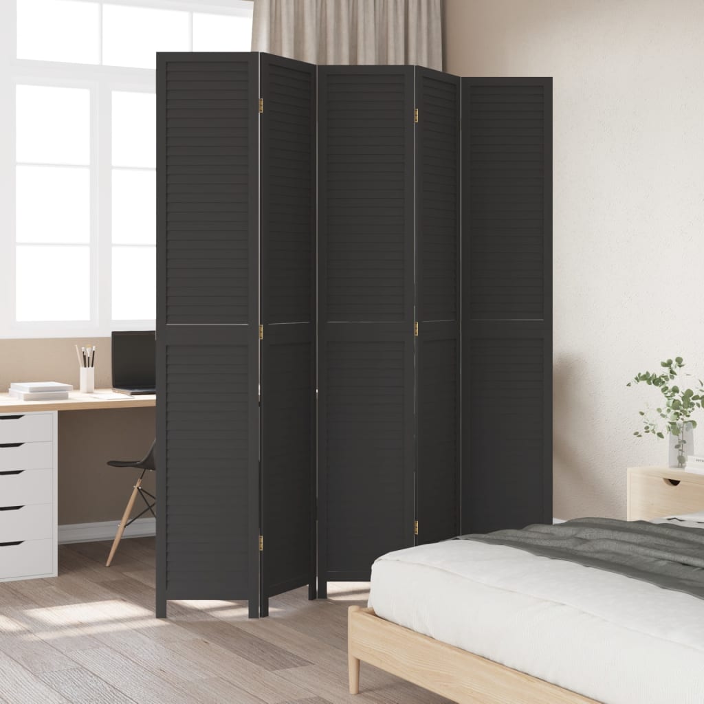 Room Divider 5 Panels Black Solid Wood Paulownia