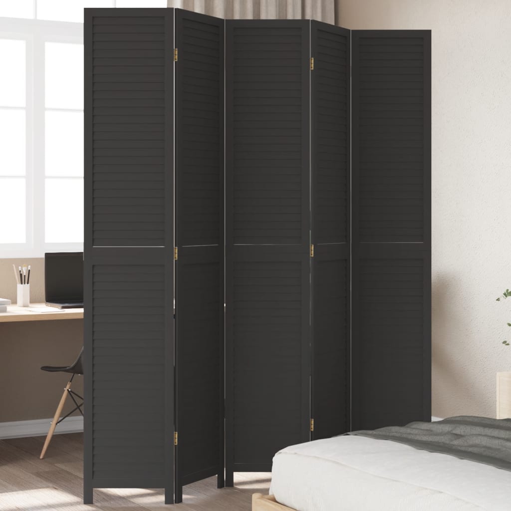 Room Divider 5 Panels Black Solid Wood Paulownia