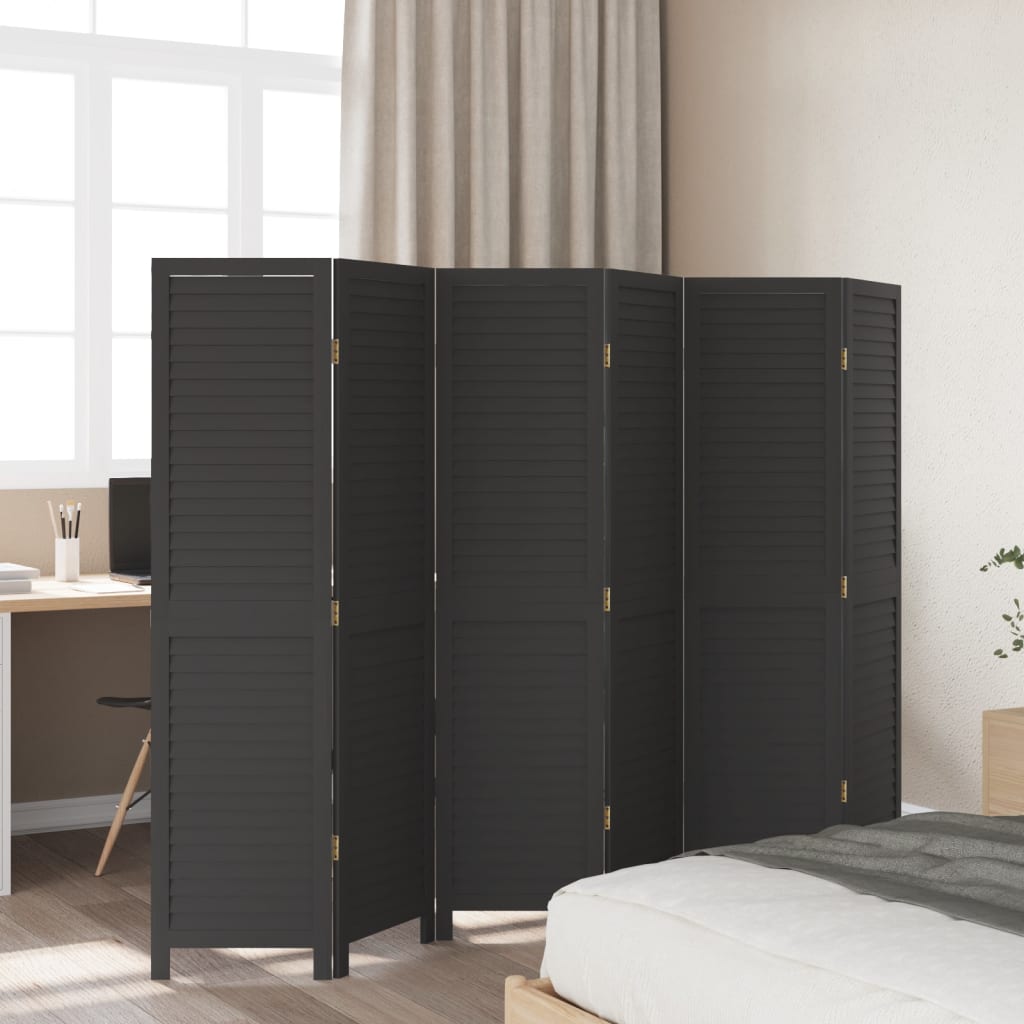 Room Divider 6 Panels Black Solid Wood Paulownia