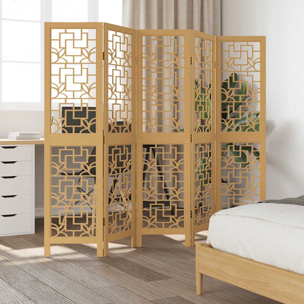 Room Divider 5 Panels Brown Solid Wood Paulownia