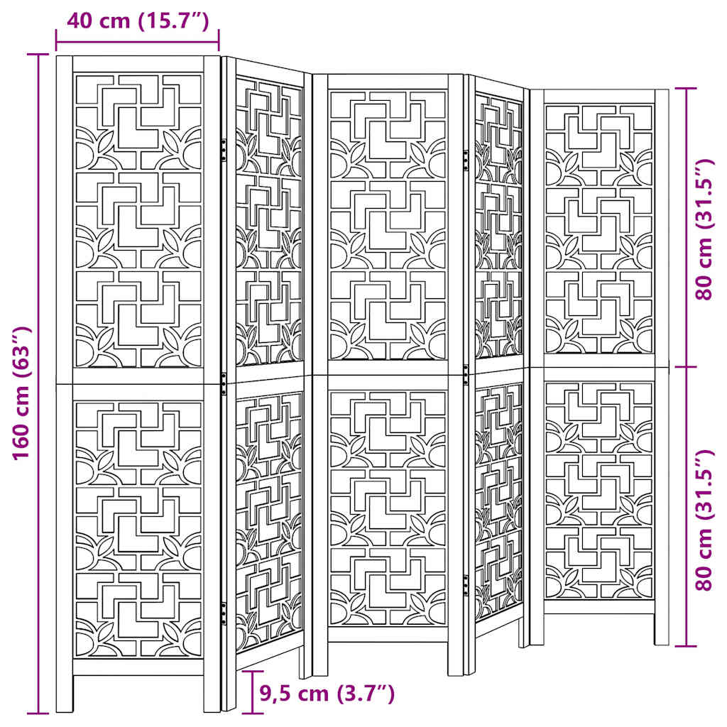 Room Divider 5 Panels Brown Solid Wood Paulownia