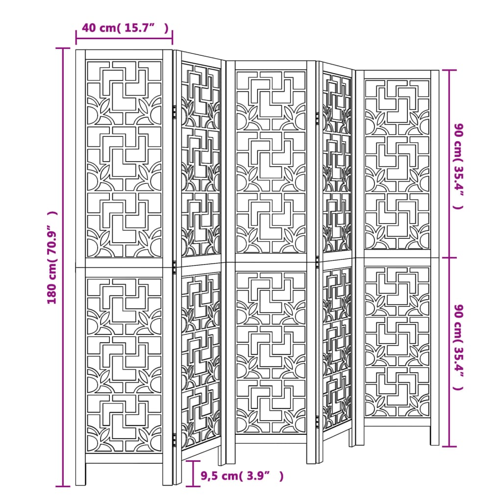 Room Divider 5 Panels Brown Solid Wood Paulownia