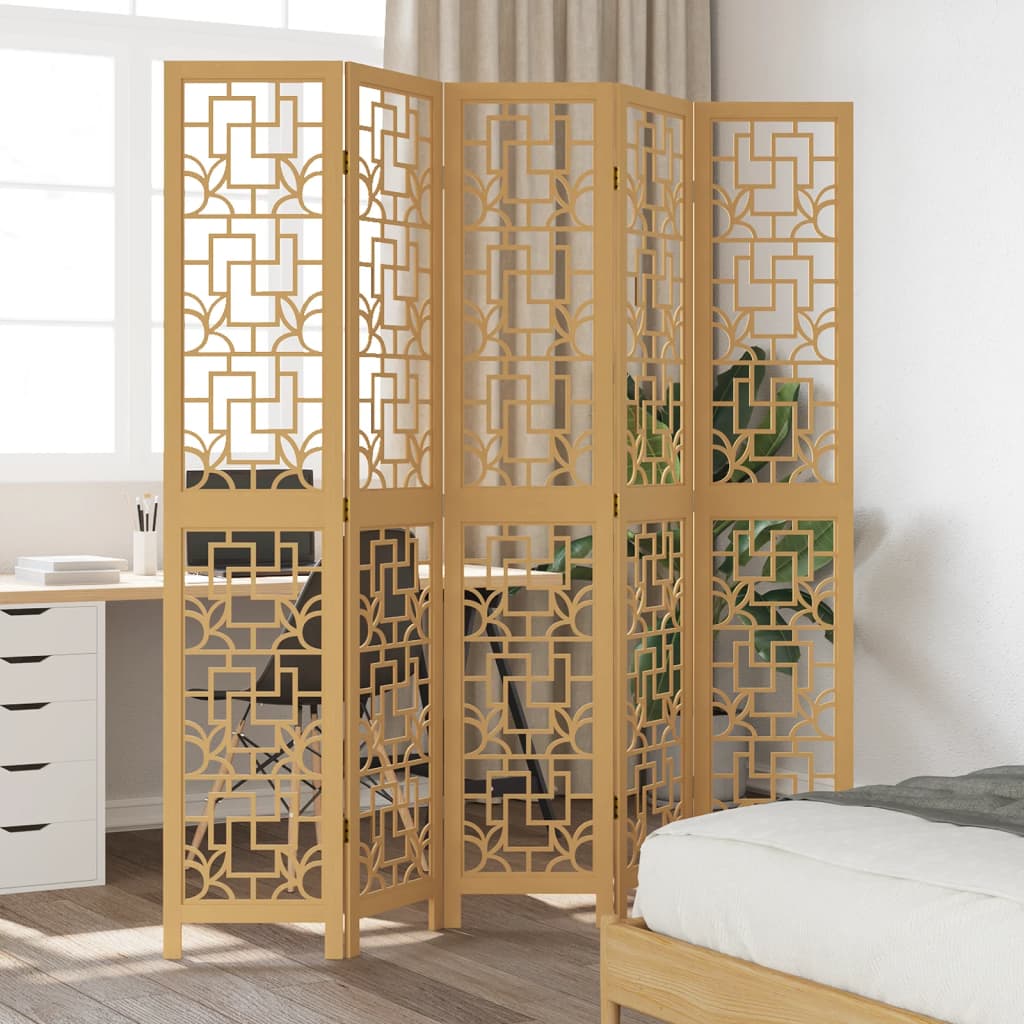 Room Divider 5 Panels Brown Solid Wood Paulownia