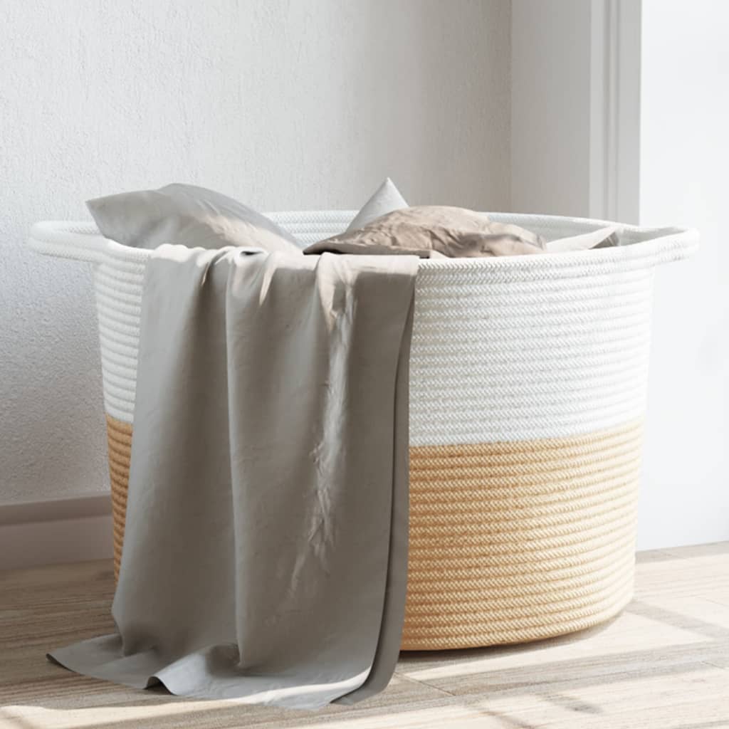 Laundry Basket Beige and White Ø55x36 cm Cotton