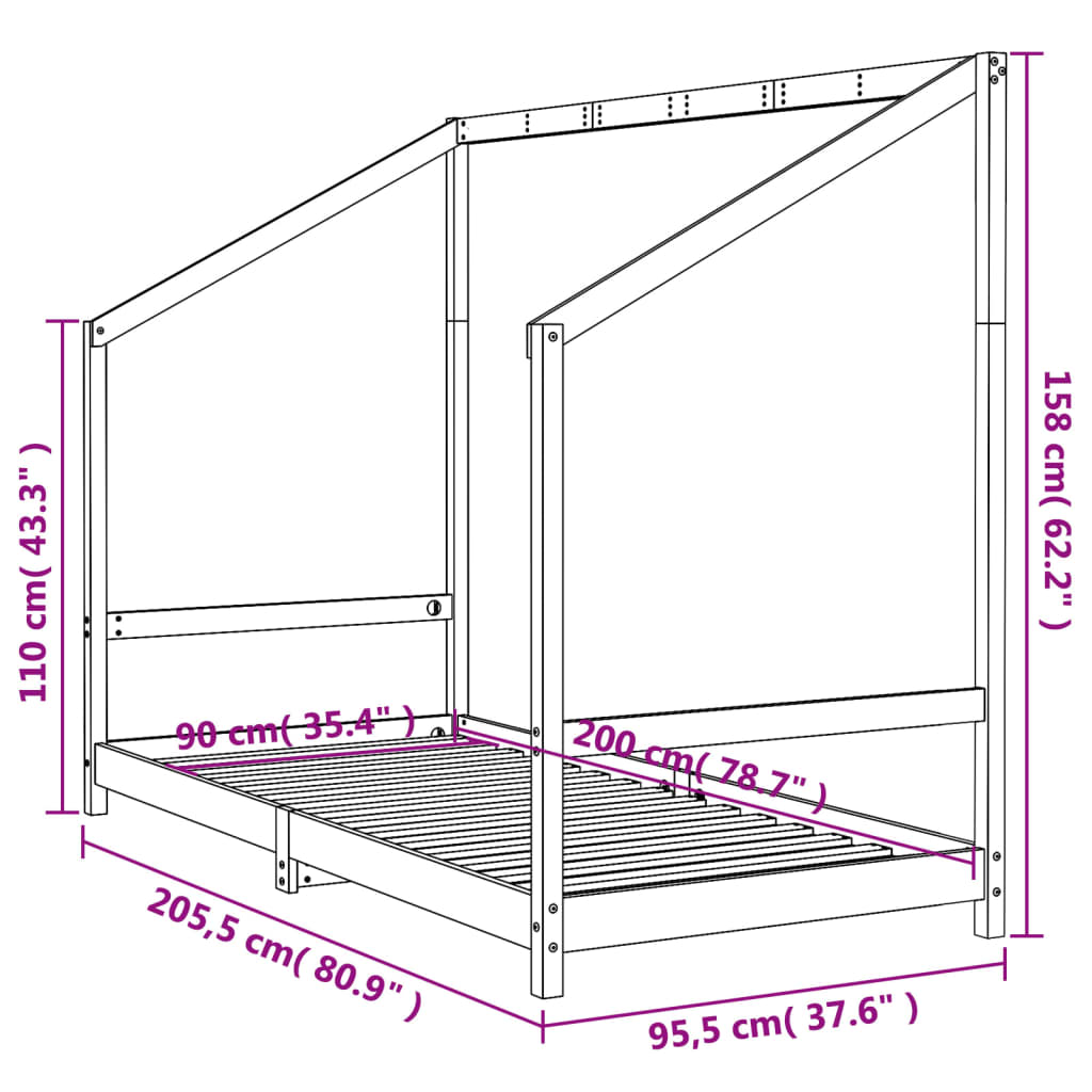 Kids Bed Frame 90x200 cm Solid Wood Pine