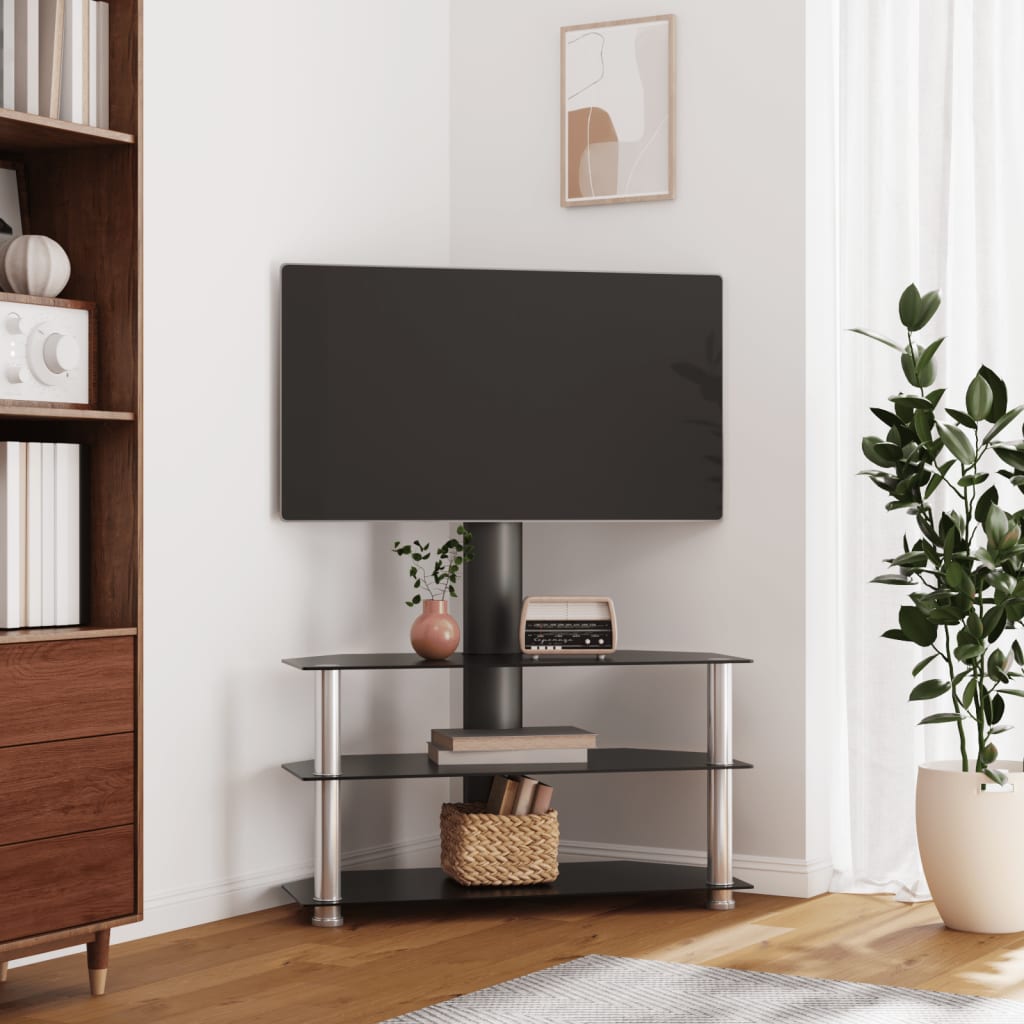 Corner TV Stand 3-Tiers for 32-70 Inch Black and Silver