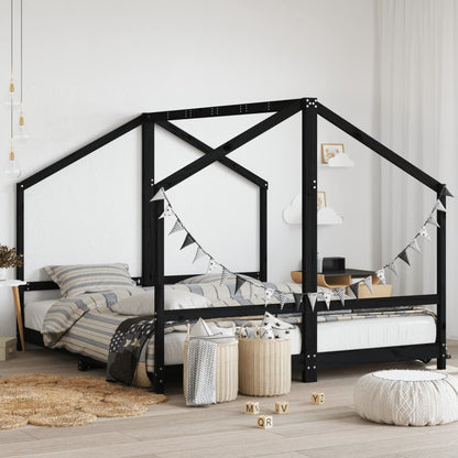 Kids Bed Frame Black 2x(90x200) cm Solid Wood Pine