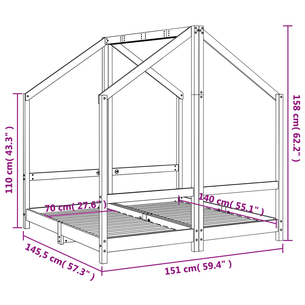 Kids Bed Frame Black 2x(70x140) cm Solid Wood Pine