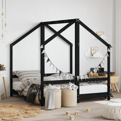 Kids Bed Frame Black 2x(70x140) cm Solid Wood Pine