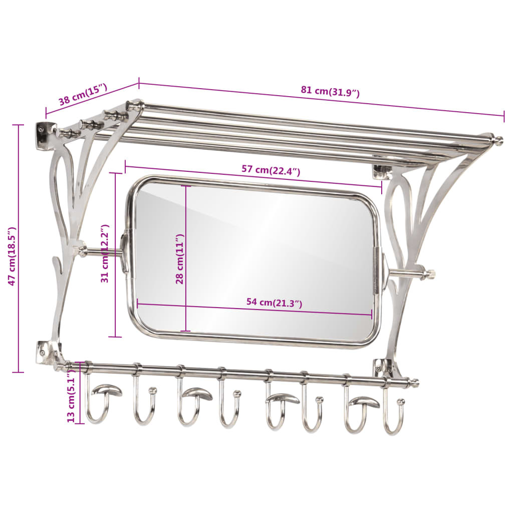 Luggage Rack with Coat Hangers & Mirror Wall Mounted Aluminium