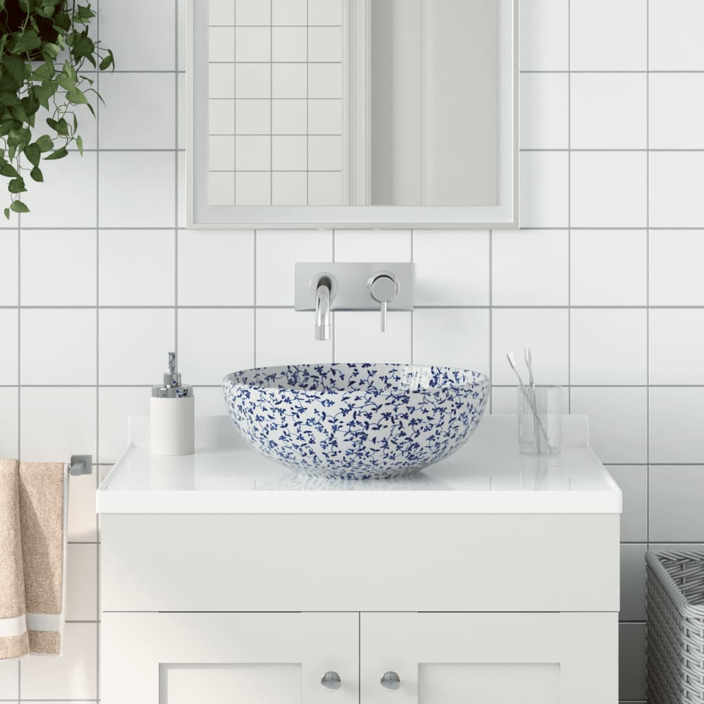 Countertop Basin White and Blue Round Φ41x14 cm Ceramic