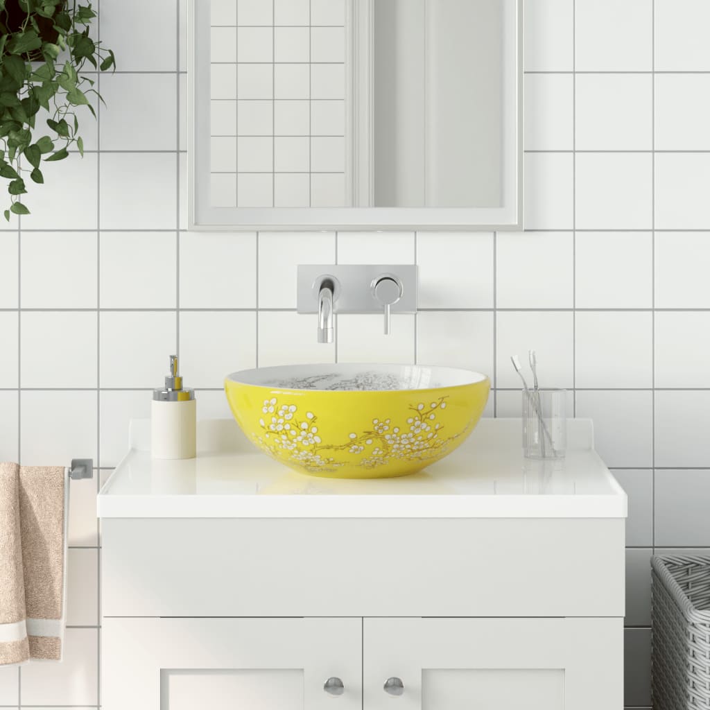 Countertop Basin White and Yellow Round Φ41x14 cm Ceramic