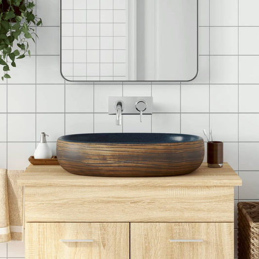 Countertop Basin Brown and Blue Oval 59x40x14 cm Ceramic