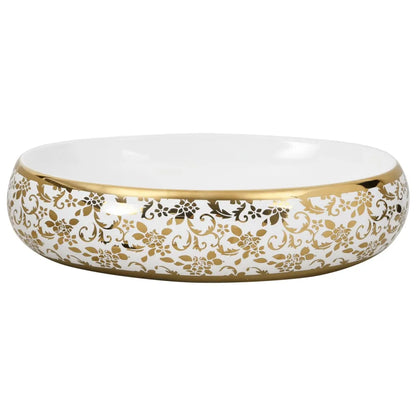 Countertop Basin White and Gold Oval 59x40x15 cm Ceramic