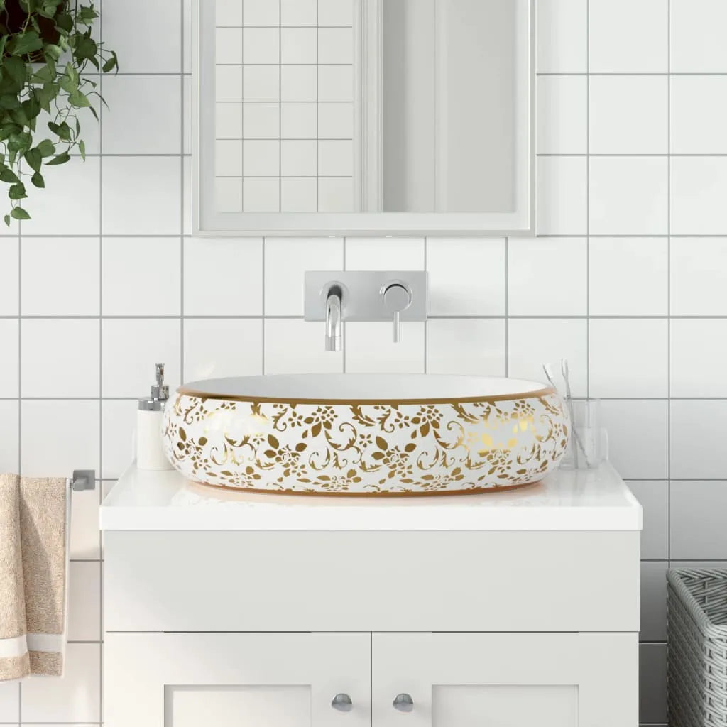 Countertop Basin White and Gold Oval 59x40x15 cm Ceramic