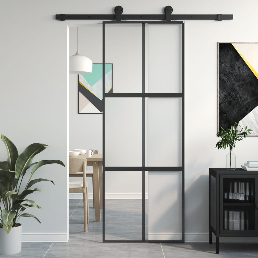 Sliding Door Black 76x205 cm Tempered Glass and Aluminium