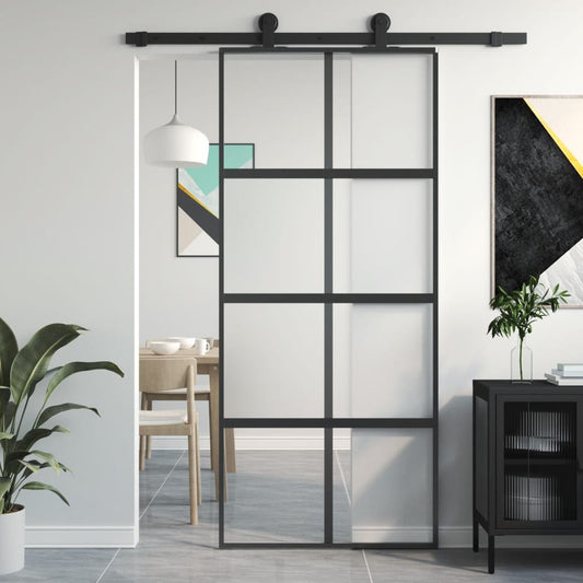 Sliding Door Black 90x205 cm Tempered Glass and Aluminium