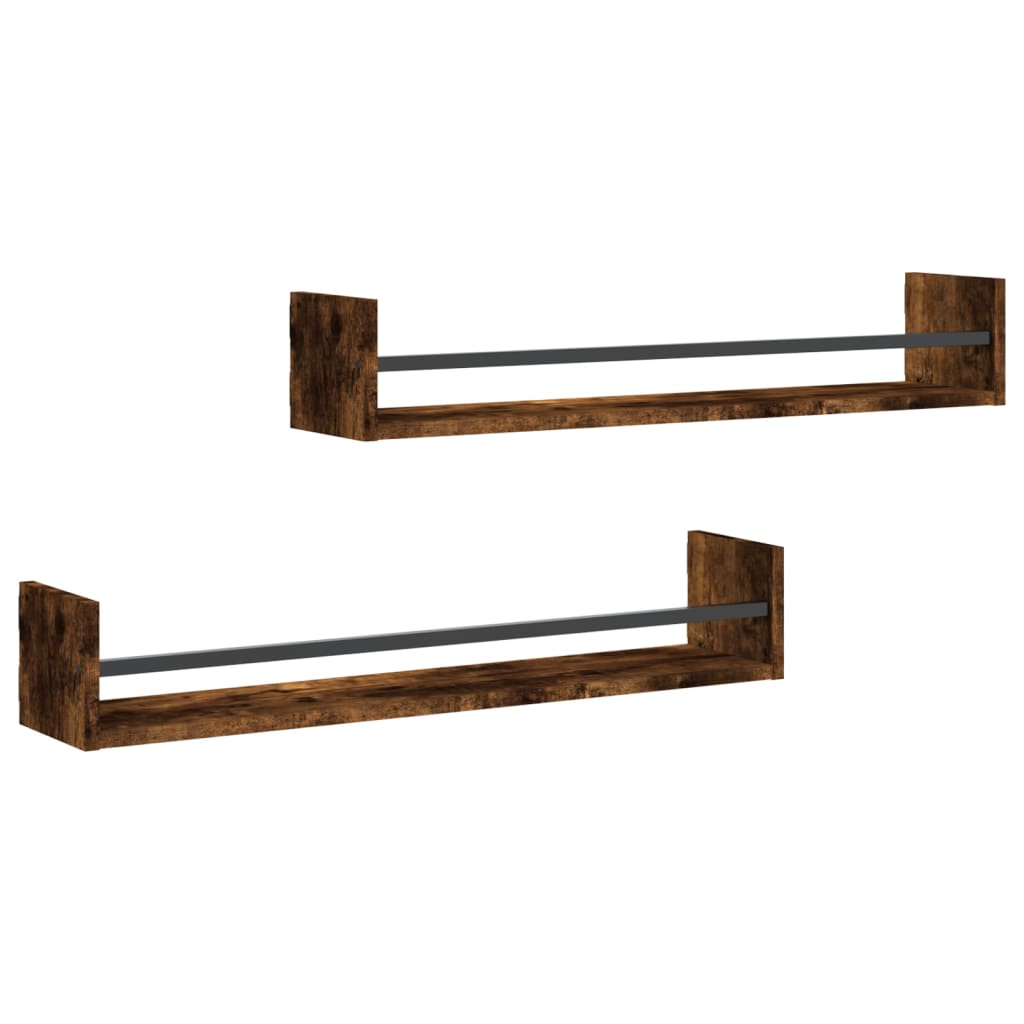 Wall Shelves with Bars 2 pcs Smoked Oak 80x16x14 cm