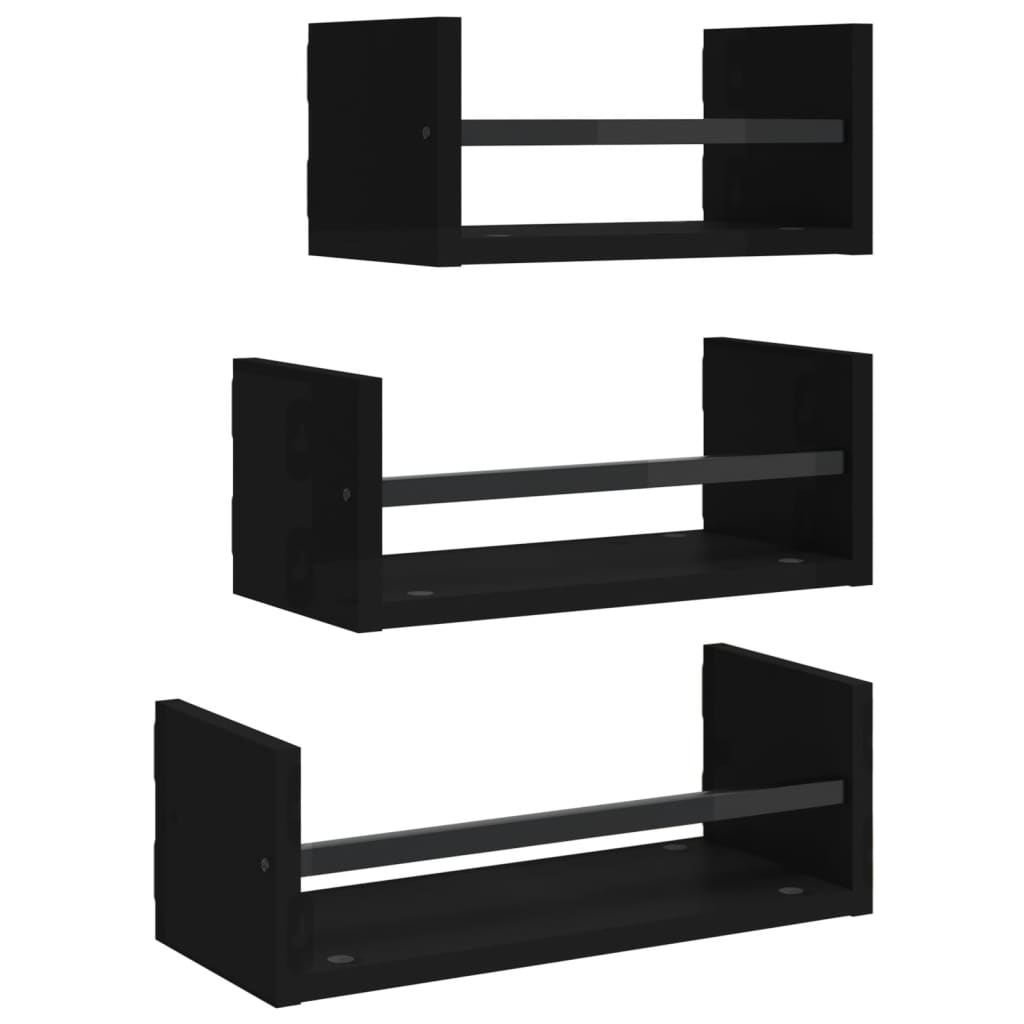 3 Piece Wall Shelf Set with Bars Black Engineered wood