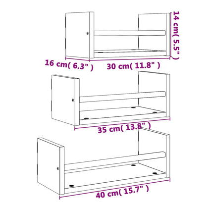 3 Piece Wall Shelf Set with Bars Black Engineered wood