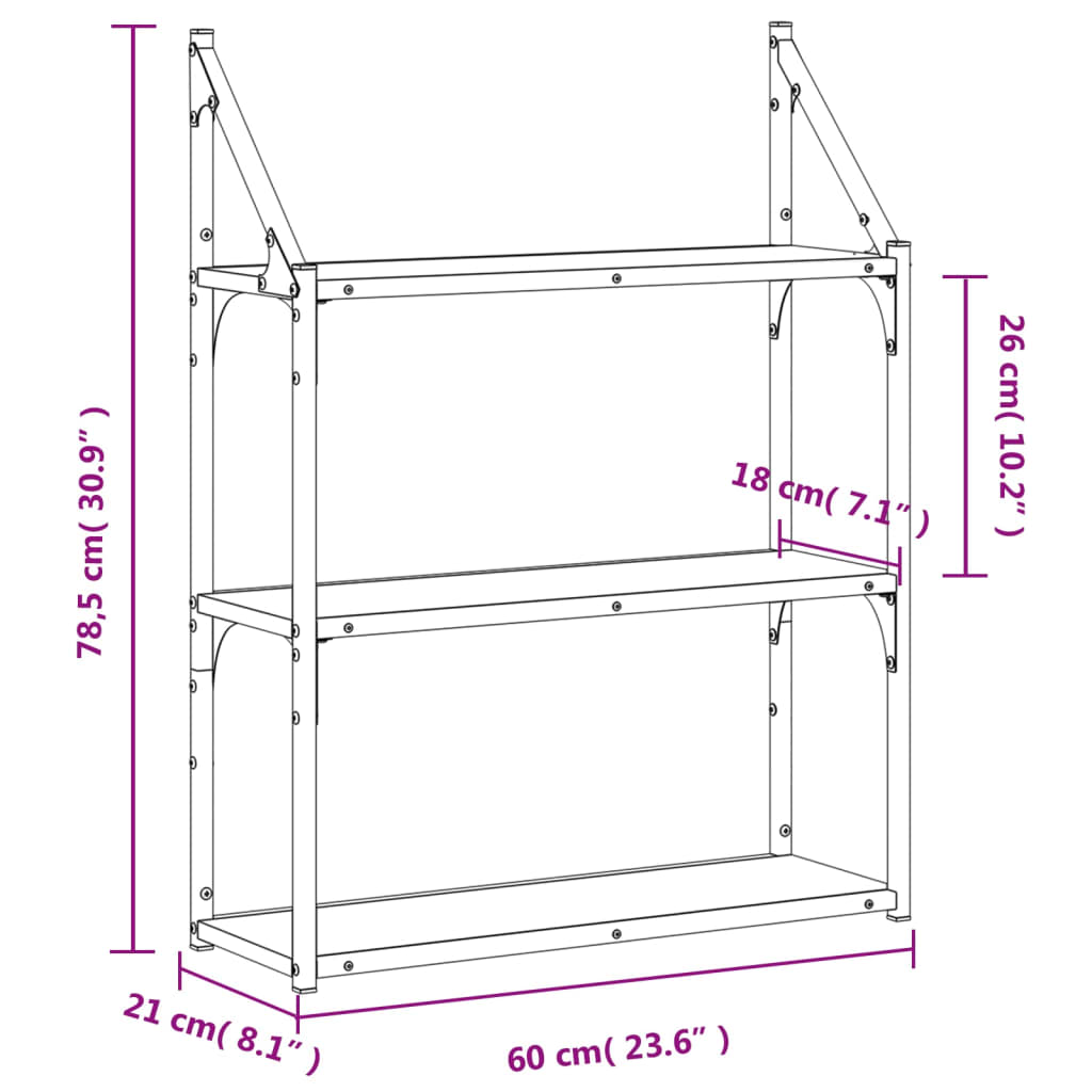 3-Tier Wall Shelf Black 60x21x78.5 cm Engineered Wood