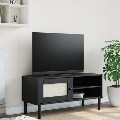 TV Cabinet SENJA Rattan Look Black 106x40x49cm Solid Wood Pine