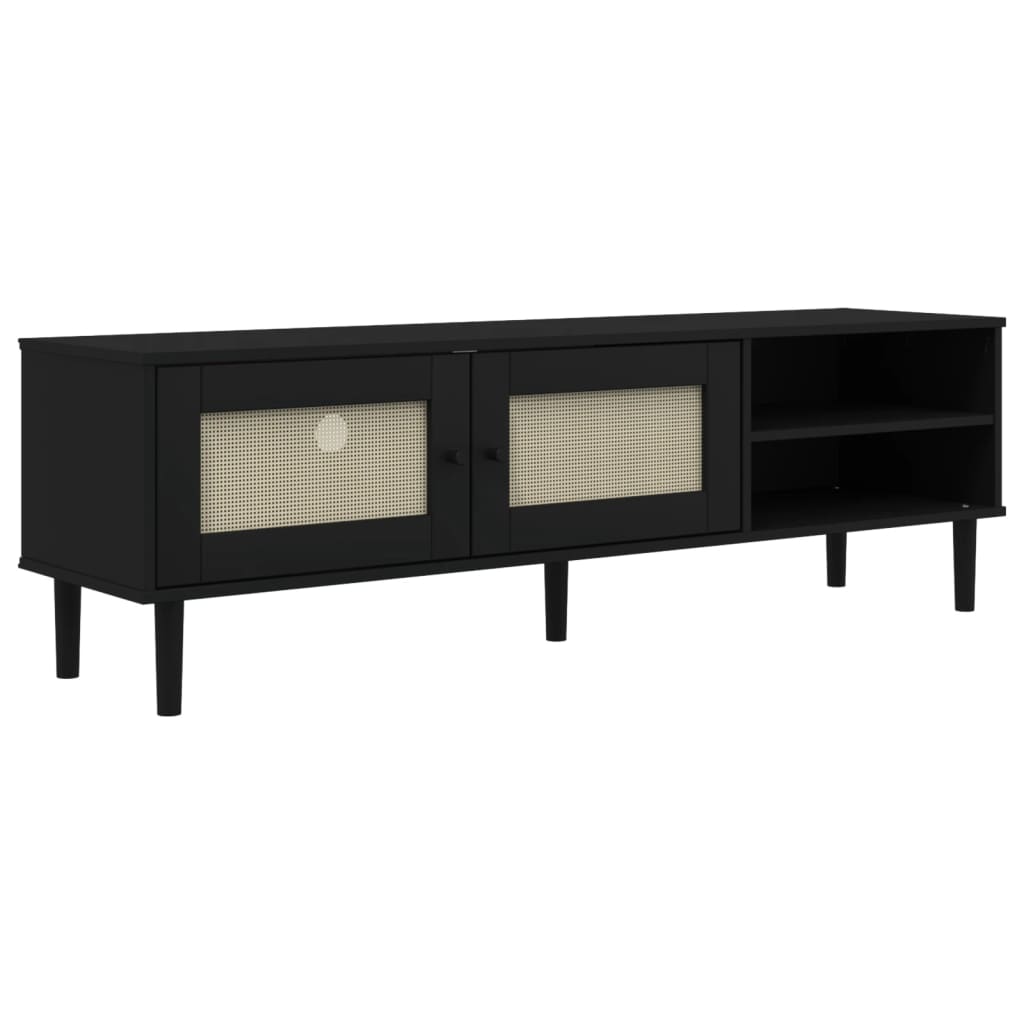 TV Cabinet SENJA Rattan Look Black 158x40x49cm Solid Wood Pine