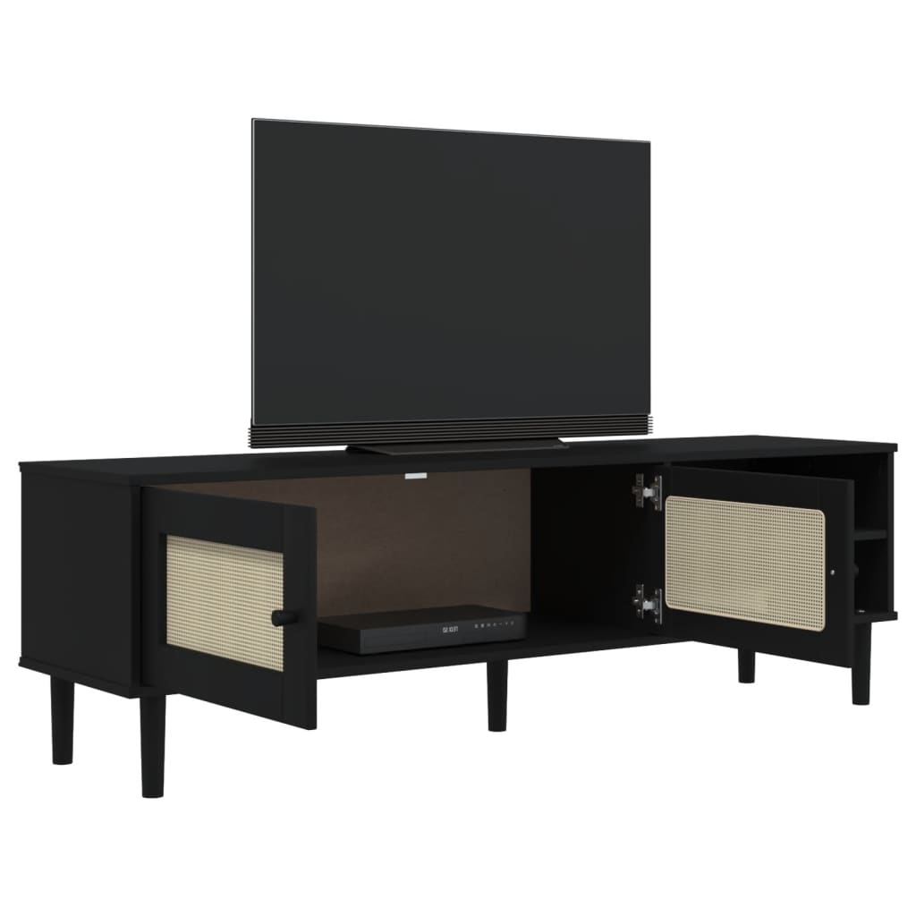 TV Cabinet SENJA Rattan Look Black 158x40x49cm Solid Wood Pine