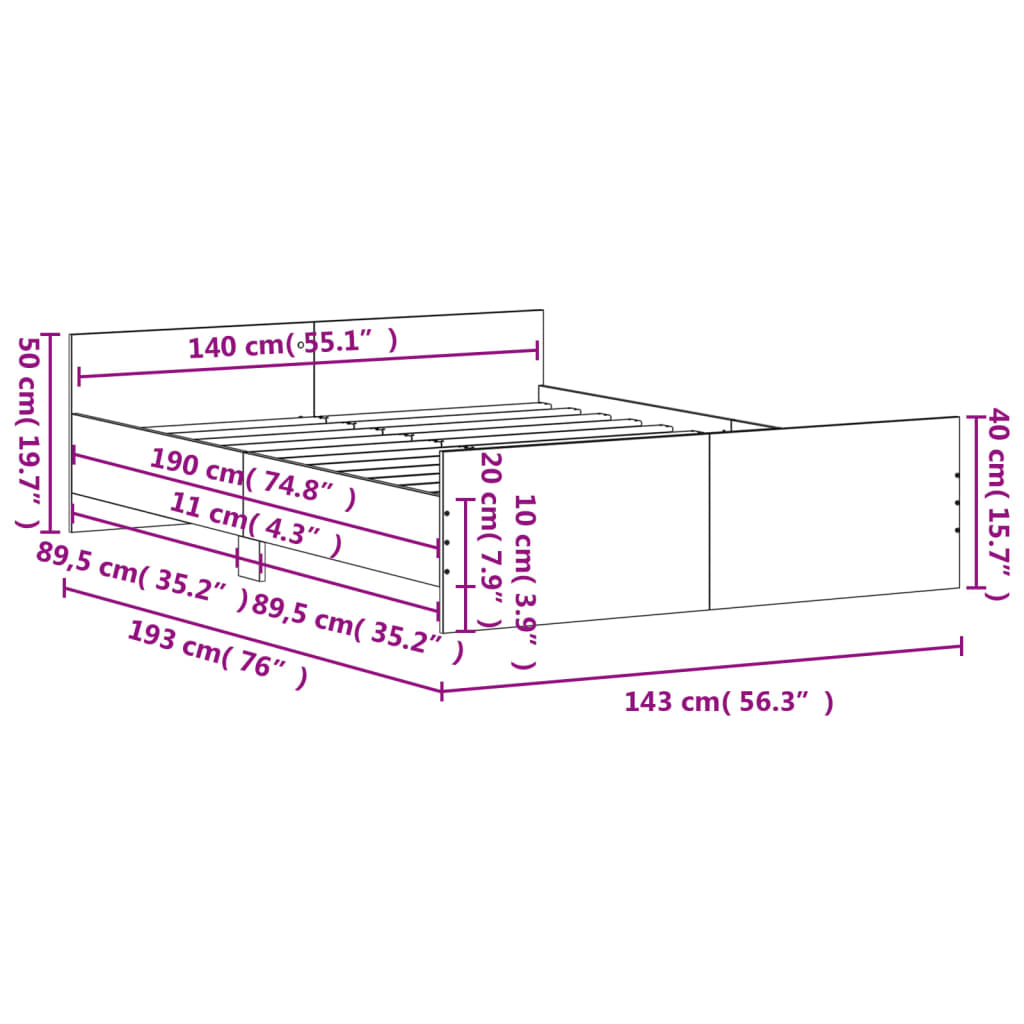 Bed Frame without Mattress Brown Oak 140x190 cm