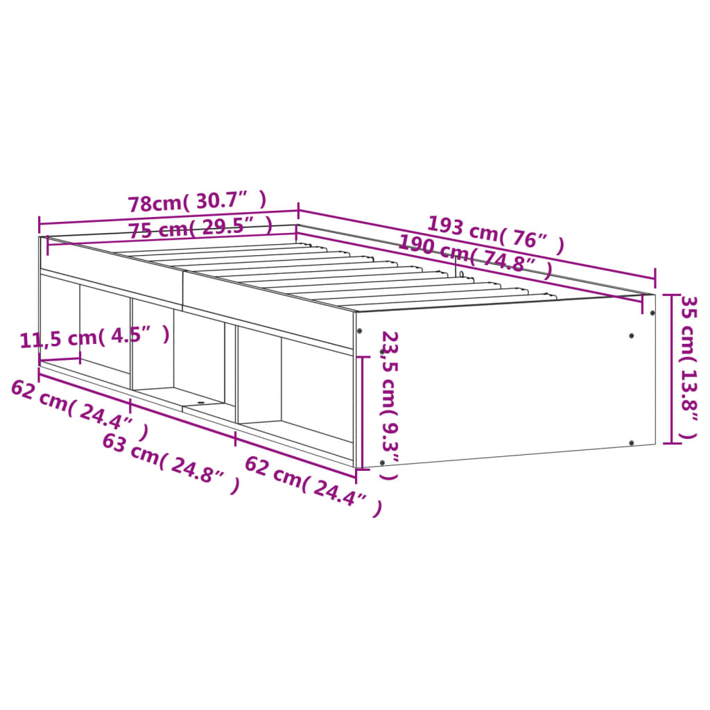 Bed Frame Brown Oak 75x190 cm Small Single