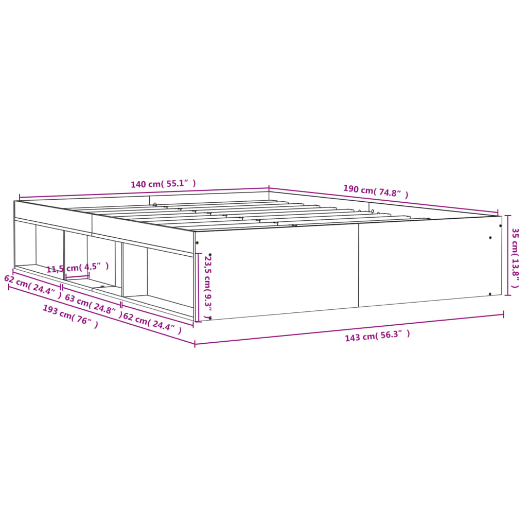 Bed Frame without Mattress Brown Oak 140x190 cm